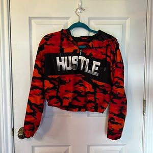 Red, orange, and black camo cropped windbreaker hoodie
